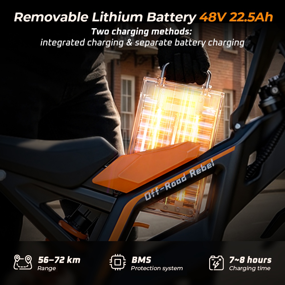 MT2 Electric Motorcycle, 3000W Peak Motor, 48V 22.5Ah Removable Battery, 220N·m Torque, 60km/h Max Speed, Up to 72km Range, 58% Climbing Grade, Dual Hydraulic Disc Brakes, Front & Rear Hydraulic Suspension, NFC Unlock - Orange