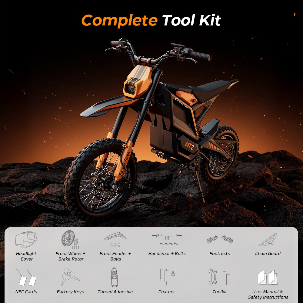 MT2 Electric Motorcycle, 3000W Peak Motor, 48V 22.5Ah Removable Battery, 220N·m Torque, 60km/h Max Speed, Up to 72km Range, 58% Climbing Grade, Dual Hydraulic Disc Brakes, Front & Rear Hydraulic Suspension, NFC Unlock - Orange