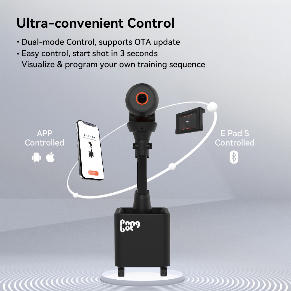 Robot serveur de tennis de table PONGBOT Halo S Pro AI, capacité de 250 balles, vitesse de balle de 15 m/s, rotation maximale de 100 tr/min, rotation à 360°, plus de 702 modes d'entraînement, application de contrôle intelligente