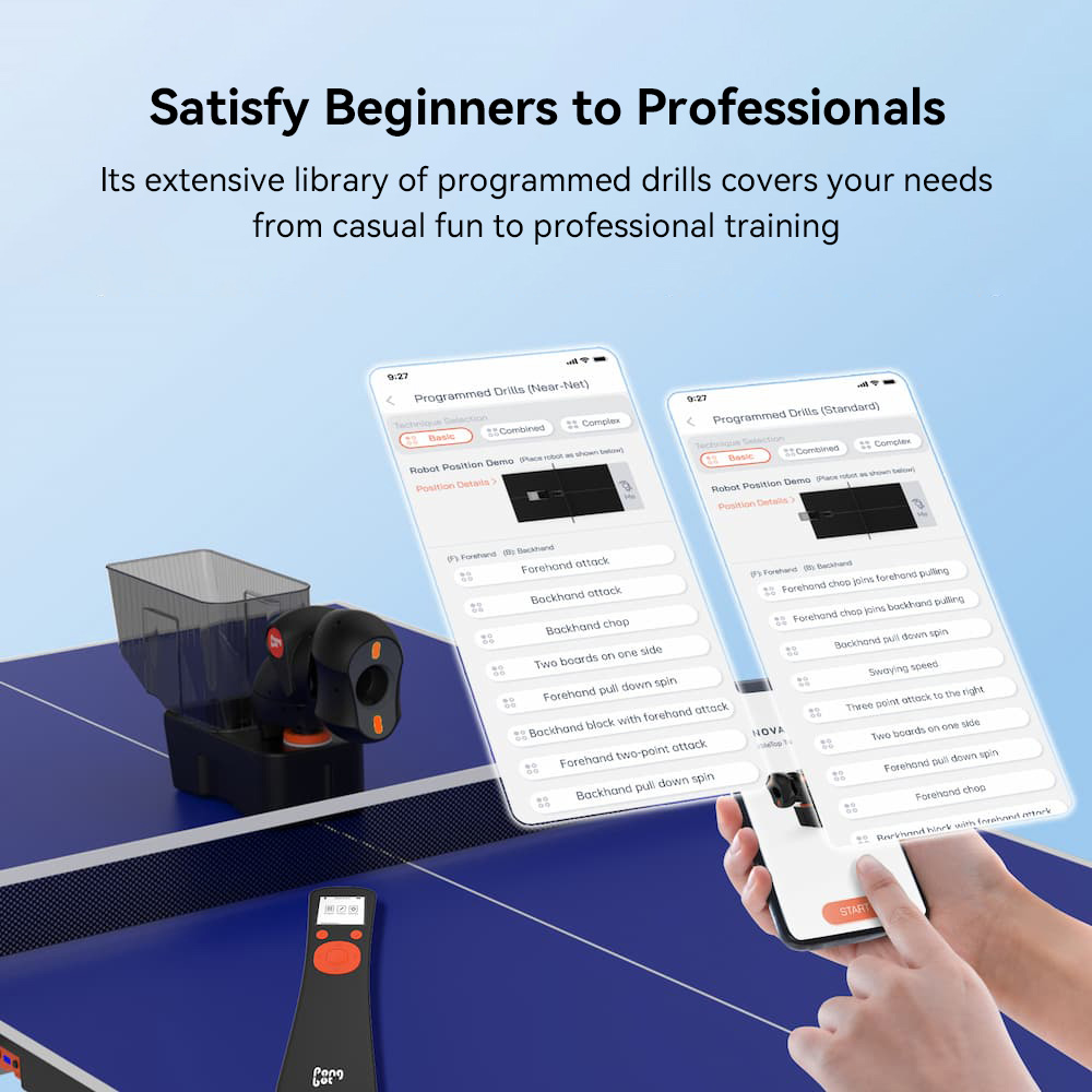 PONGBOT Nova S Pro Table Tennis Serving Robot, 264 Built-in Training Programs, 150 Ball Capacity, 60r/s Max Spin, 15m/s Max Ball Speed, 30–90 Balls/Min Frequency, 9 Spin Types, Bluetooth & APP Control