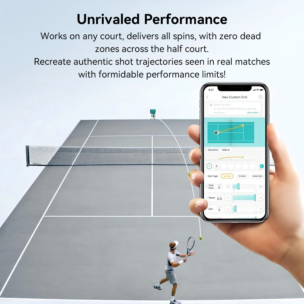 Machine à balles de tennis PONGBOT Pace S Pro, vitesse maximale de 130 km/h, rotation de 60 tours/seconde, capacité de 150 balles, couverture intégrale du court, 6 positions de placement, effets liftés/inversés/sans effet, application et télécommande, autonomie de 8 heures