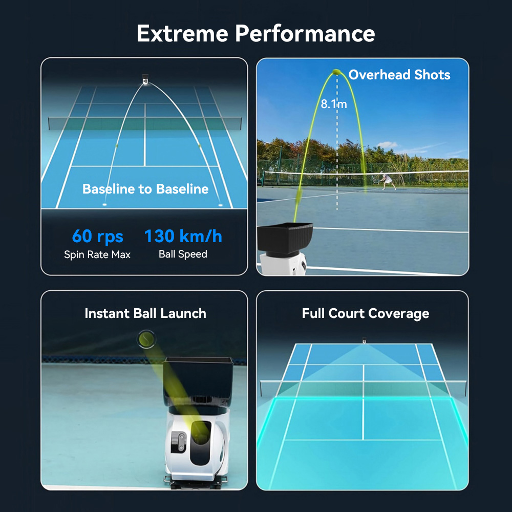 Machine à balles de tennis PONGBOT Pace S Pro, vitesse maximale de 130 km/h, rotation de 60 tours/seconde, capacité de 150 balles, couverture intégrale du court, 6 positions de placement, effets liftés/inversés/sans effet, application et télécommande, autonomie de 8 heures