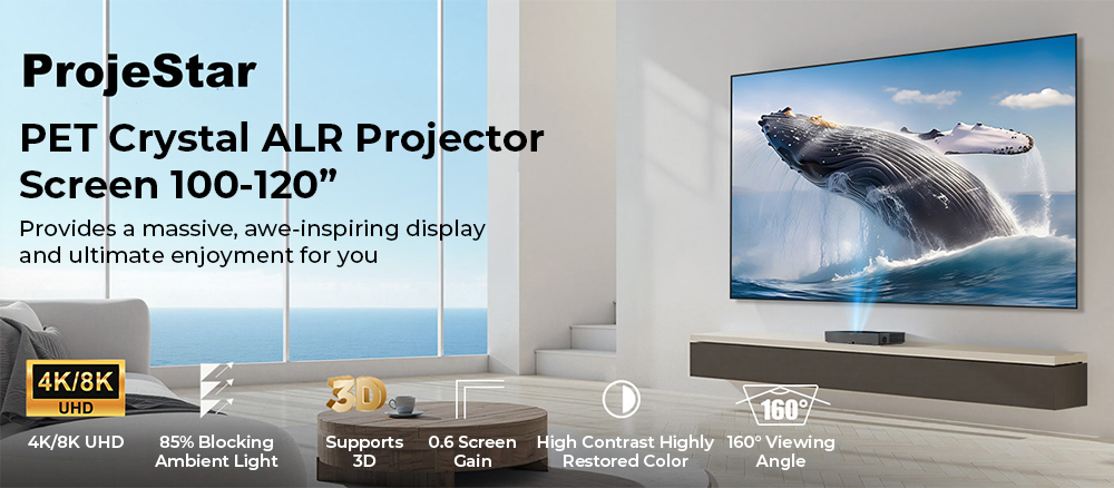 ProjeStar 100" Projektionsleinwand, 4K UHD Ultra-Kurzdistanz-Leinwand, PET Crystal ALR, 85% Umgebungslicht-Unterdrückung, 0,6 Gain, 160 ° Großer Betrachtungswinkel, Seitenverhältnis 16:9, 3D-kompatibel