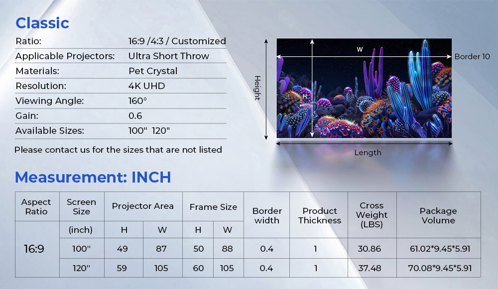 ProjeStar 120" Écran de projection, écran 4K UHD à ultra courte focale, PET Crystal ALR, rejet de 85 % de la lumière ambiante, gain de 0,6, 160 ° Grand angle de vision, rapport d'aspect 16:9, compatible 3D