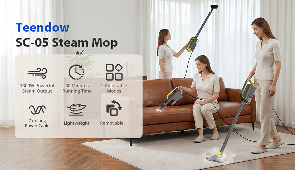 Nettoyeur vapeur pour sols Teendow SC-05, puissance 1300 W, chauffe rapide en 15 s, réservoir d'eau de 300 ml, autonomie de 30 min, 2 modes vapeur réglables, cordon d'alimentation de 7 m, tête de nettoyage pivotante à 180°, rotation verticale à 135°
