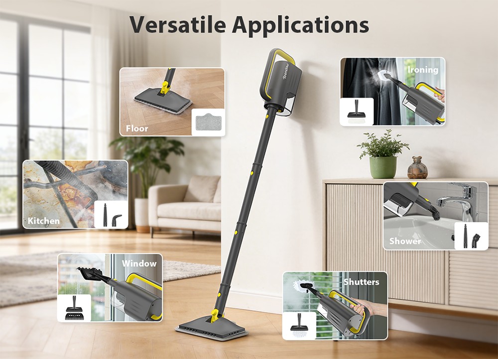 Nettoyeur vapeur pour sols Teendow SC-05, puissance 1300 W, chauffe rapide en 15 s, réservoir d'eau de 300 ml, autonomie de 30 min, 2 modes vapeur réglables, cordon d'alimentation de 7 m, tête de nettoyage pivotante à 180°, rotation verticale à 135°