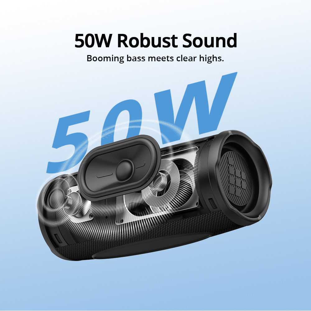 Tronsmart Mirtune C3 Plus Portable Outdoor Speaker, 50W Stereo Sound, Bluetooth 6.0, IPX7 Waterproof, Auracast™ Multi-Speaker Sync, Up to 12H Playtime, USB-C Charging - Black