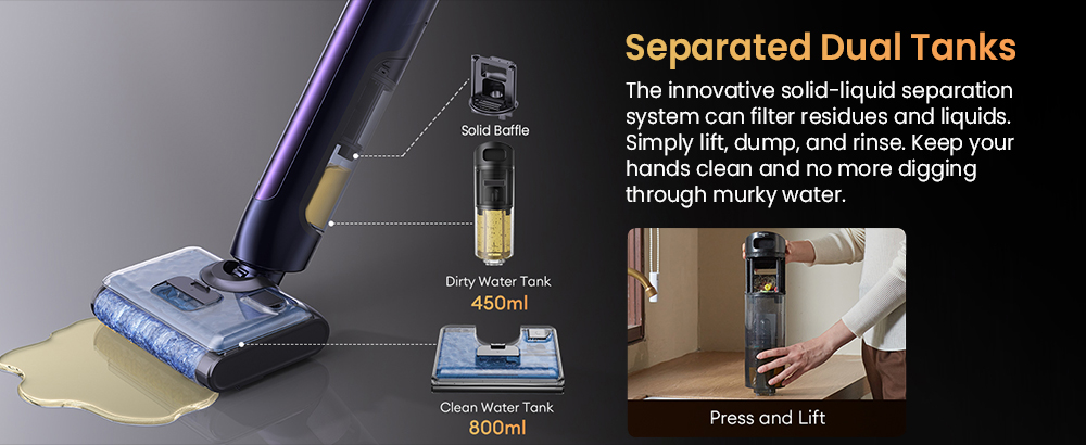 Aspirateur eau et poussière Ultenic AC1 TriFLex, moteur 150 W, batterie 2600 mAh, autonomie de 60 min, réservoir de 800 ml, 3 modes de nettoyage, système autonettoyant, angle de vision à 180°, nettoyage sans bordures