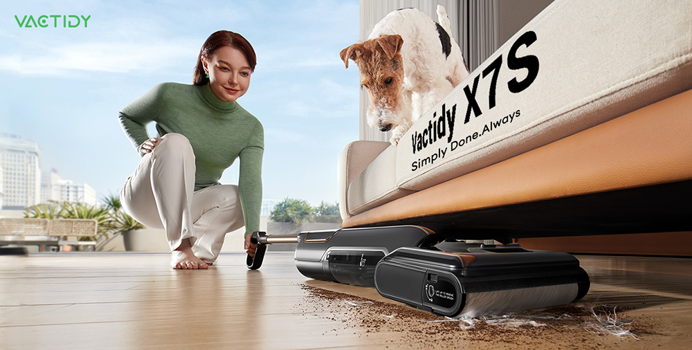 Aspirateur eau et poussière Vactidy X7S, moteur 150 W, aspiration 20 kPa, batterie 2600 mAh, autonomie 40 min, réservoir d'eau 800 ml, 3 modes de nettoyage, système autonettoyant, angle de vision à 180°, nettoyage sans bordures