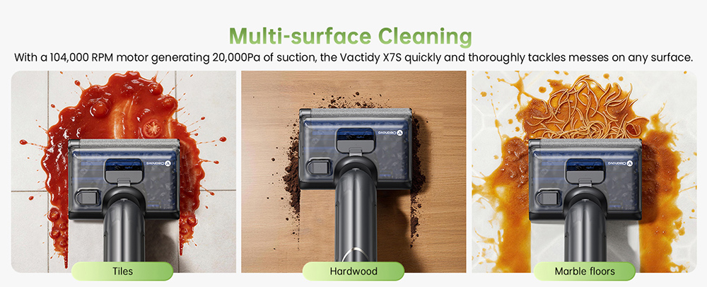 Aspirateur eau et poussière Vactidy X7S, moteur 150 W, aspiration 20 kPa, batterie 2600 mAh, autonomie 40 min, réservoir d'eau 800 ml, 3 modes de nettoyage, système autonettoyant, angle de vision à 180°, nettoyage sans bordures