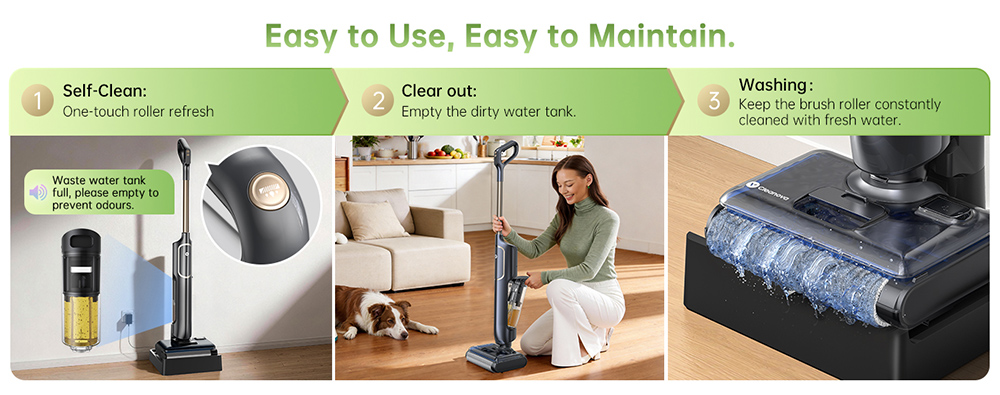 Aspirateur eau et poussière Vactidy X7S, moteur 150 W, aspiration 20 kPa, batterie 2600 mAh, autonomie 40 min, réservoir d'eau 800 ml, 3 modes de nettoyage, système autonettoyant, angle de vision à 180°, nettoyage sans bordures