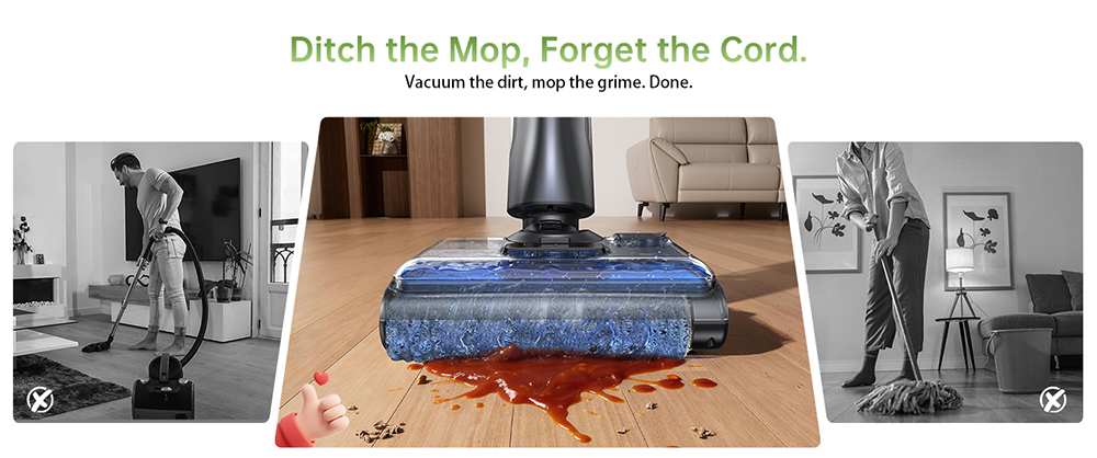 Aspirateur eau et poussière Vactidy X7S, moteur 150 W, aspiration 20 kPa, batterie 2600 mAh, autonomie 40 min, réservoir d'eau 800 ml, 3 modes de nettoyage, système autonettoyant, angle de vision à 180°, nettoyage sans bordures