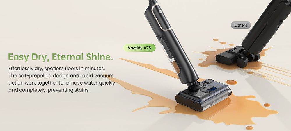 Aspirateur eau et poussière Vactidy X7S, moteur 150 W, aspiration 20 kPa, batterie 2600 mAh, autonomie 40 min, réservoir d'eau 800 ml, 3 modes de nettoyage, système autonettoyant, angle de vision à 180°, nettoyage sans bordures