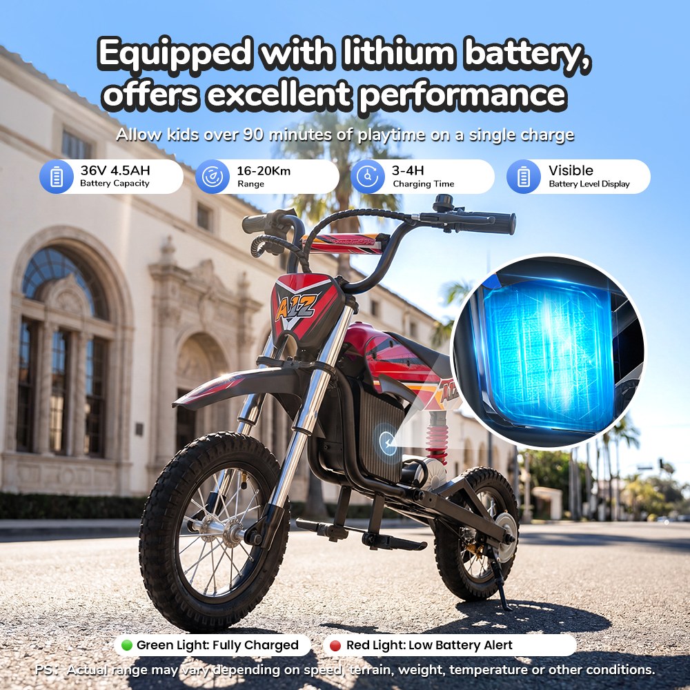 iScooter A12 Moto Tout-Terrain Électrique pour Enfants, Moteur 300W (350W en crête), Batterie 36V 4.5Ah, 25km/h, 20km d’autonomie, Pneu 12", Suspension avant et arrière, Frein à poignée et frein à disque arrière, 3 modes de vitesse - Rouge