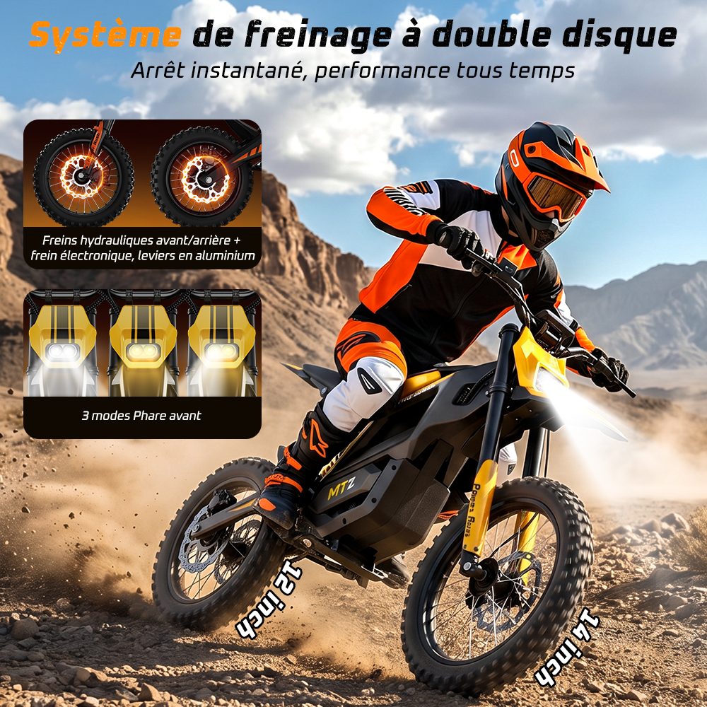 MT2 Moto Électrique, Puissance de Pointe 3000W, Batterie Amovible 48V 22,5Ah, Couple de 220Nm, Vitesse Max. 60km/h, Autonomie Jusqu'à 72km, Freins à Disque Hydrauliques, Suspension Hydraulique, Déverrouillage NFC - Jaune