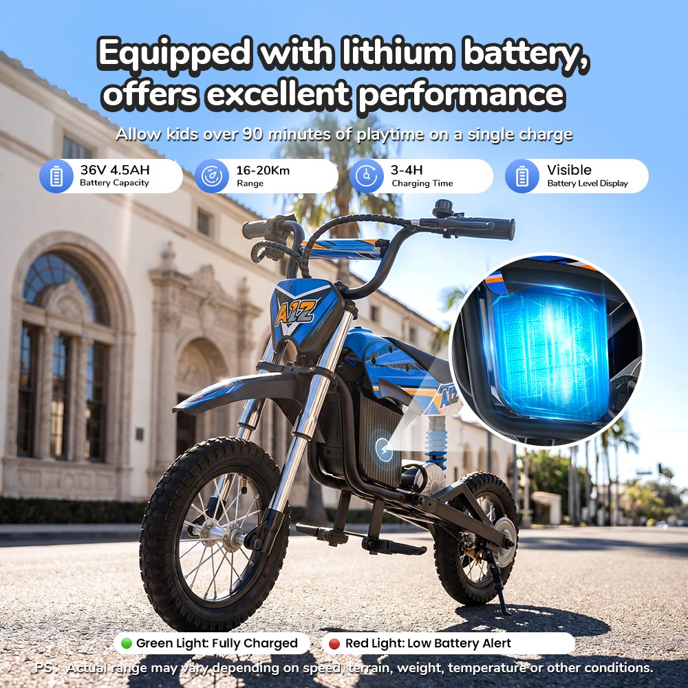 iScooter A12 Moto Tout-Terrain Électrique pour Enfants, Moteur 300W (350W en crête), Batterie 36V 4.5Ah, 25km/h, 20km d’autonomie, Pneu 12", Suspension avant et arrière, Frein à poignée et frein à disque arrière, 3 modes de vitesse - Bleu