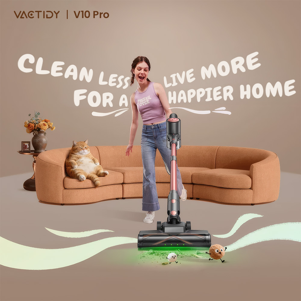 Vactidy V10 Pro Cordless Stick Vacuum, 45000Pa Suction, 550W Motor, Up to 45 Min Runtime, Detachable 2200mAh Battery, 5-Stage Filtration, 500ml Dust Cup, LED Display, Green Light Dust Detection