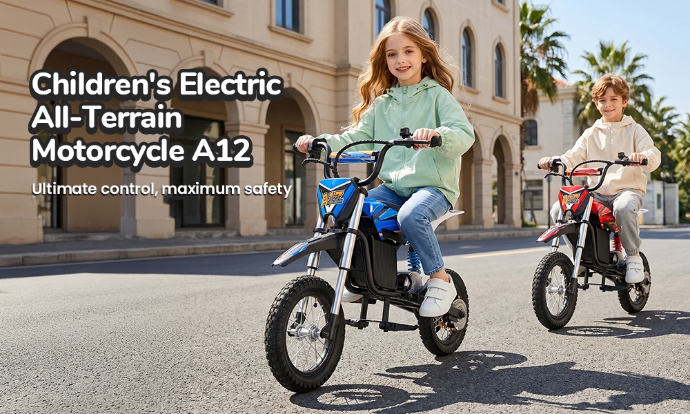 iScooter A12 Moto Tout-Terrain Électrique pour Enfants, Moteur 300W (350W en crête), Batterie 36V 4.5Ah, 25km/h, 20km d’autonomie, Pneu 12", Suspension avant et arrière, Frein à poignée et frein à disque arrière, 3 modes de vitesse - Bleu