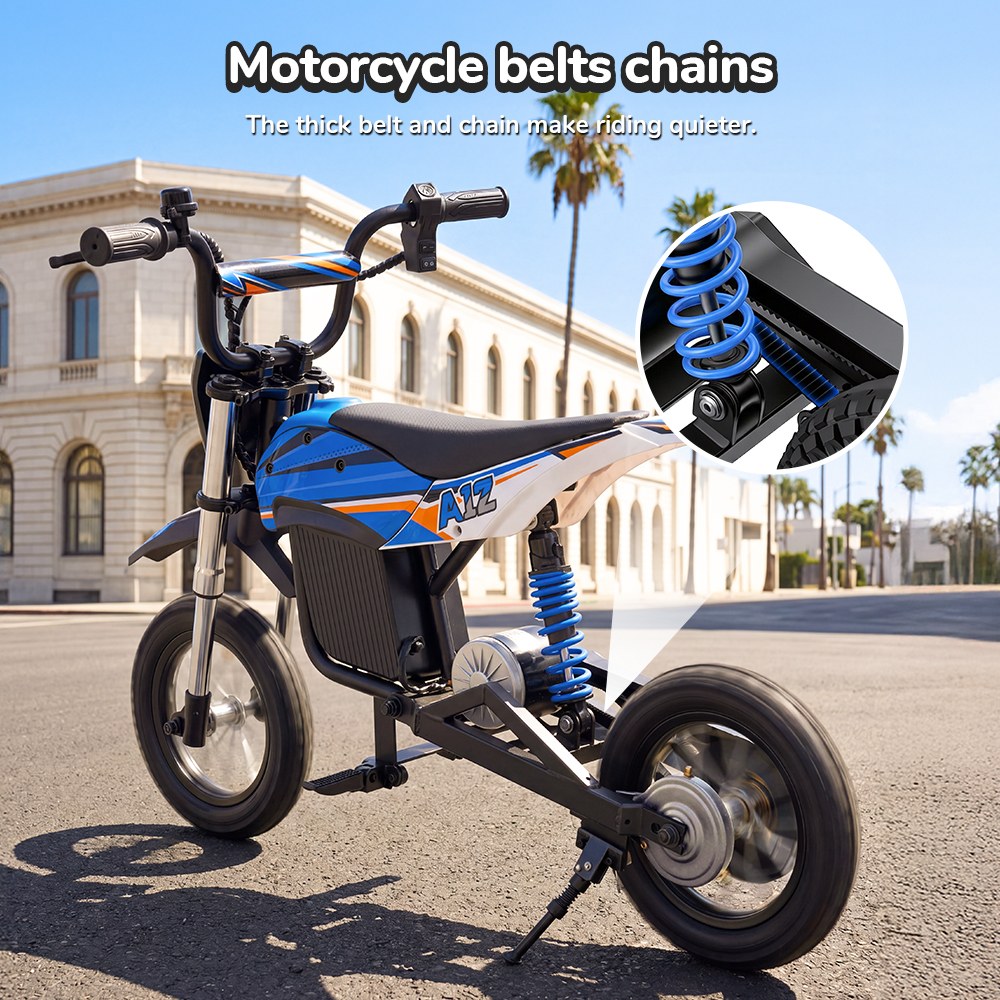 iScooter A12 Moto Tout-Terrain Électrique pour Enfants, Moteur 300W (350W en crête), Batterie 36V 4.5Ah, 25km/h, 20km d’autonomie, Pneu 12", Suspension avant et arrière, Frein à poignée et frein à disque arrière, 3 modes de vitesse - Bleu