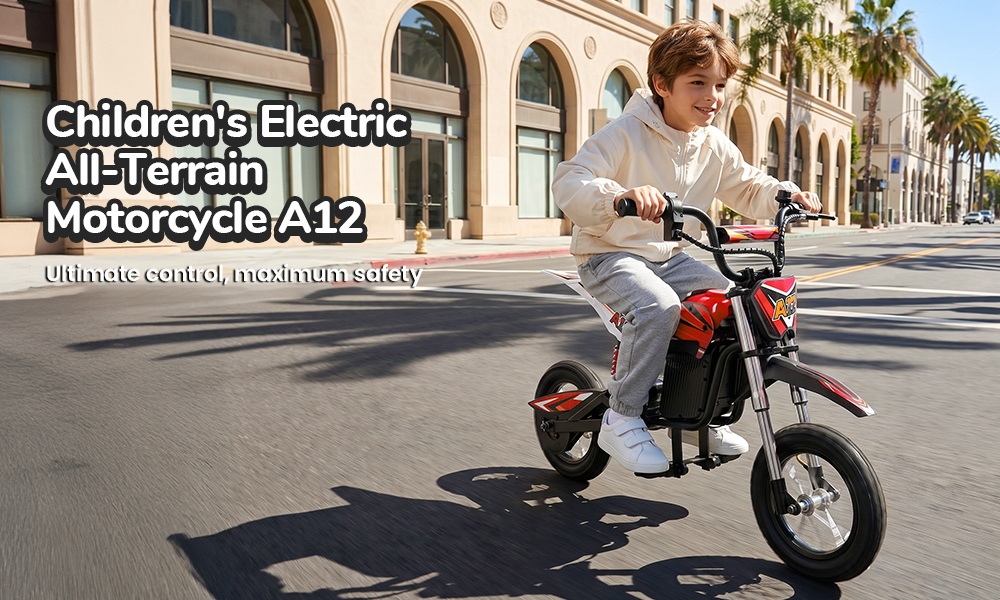 iScooter A12 Moto Tout-Terrain Électrique pour Enfants, Moteur 300W (350W en crête), Batterie 36V 4.5Ah, 25km/h, 20km d’autonomie, Pneu 12", Suspension avant et arrière, Frein à poignée et frein à disque arrière, 3 modes de vitesse - Rouge