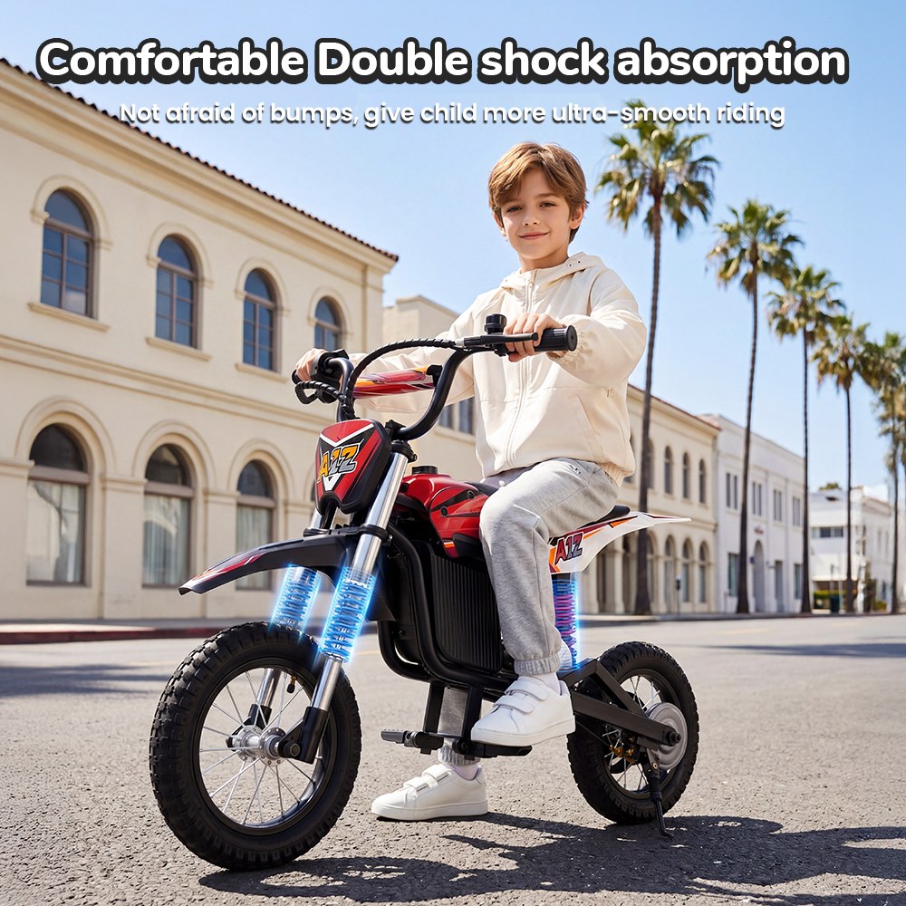 iScooter A12 Moto Tout-Terrain Électrique pour Enfants, Moteur 300W (350W en crête), Batterie 36V 4.5Ah, 25km/h, 20km d’autonomie, Pneu 12", Suspension avant et arrière, Frein à poignée et frein à disque arrière, 3 modes de vitesse - Rouge