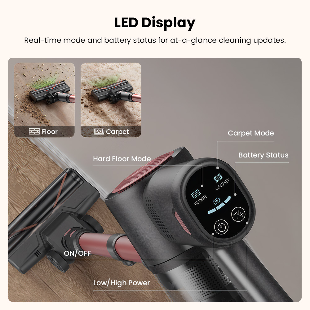 Vactidy V10 Pro Cordless Stick Vacuum, 45000Pa Suction, 550W Motor, Up to 45 Min Runtime, Detachable 2200mAh Battery, 5-Stage Filtration, 500ml Dust Cup, LED Display, Green Light Dust Detection