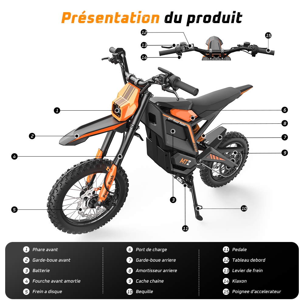 MT2 Moto Électrique, Puissance de Pointe 3000W, Batterie Amovible 48V 22,5Ah, Couple de 220Nm, Vitesse Max. 60km/h, Autonomie Jusqu'à 72km, Freins à Disque Hydrauliques, Suspension Hydraulique, Déverrouillage NFC - Orange