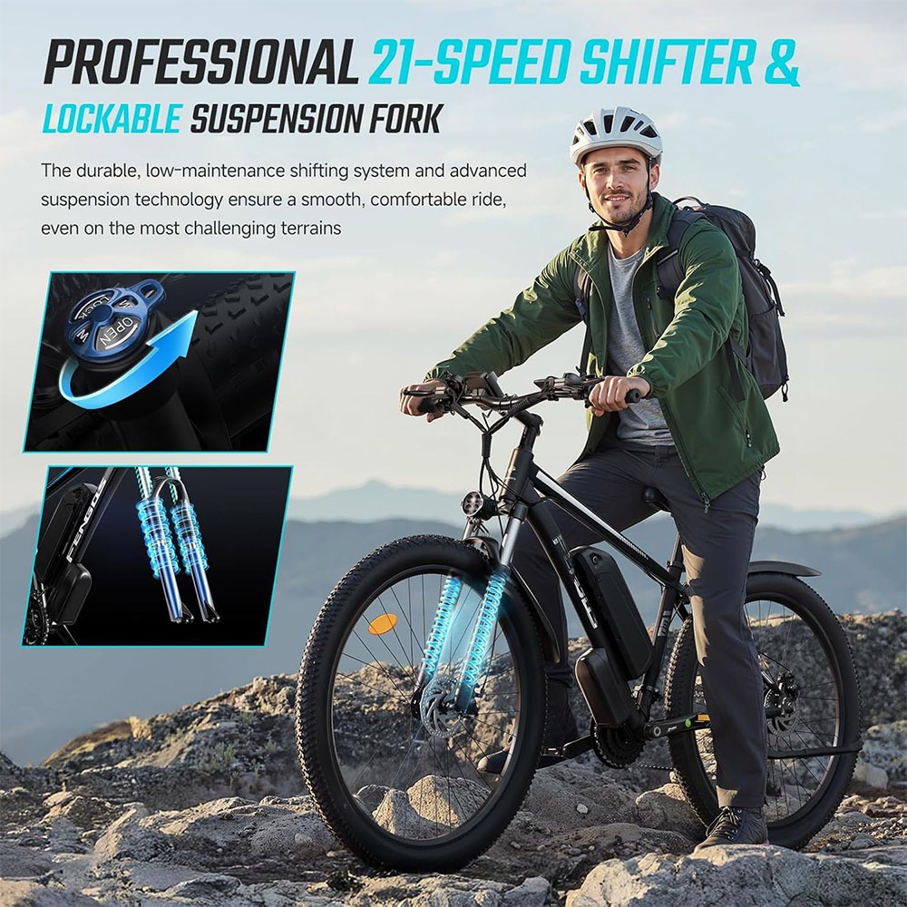 FENGQS Q8 Electric Bike, 750W Brushless Motor, 48V 17.5Ah Removable Battery, 50km/h Top Speed, 85km Max Range, 27.5-inch Fat Tire, Shimano 21-Speed Gear, Mechanical Disc Brakes - Black