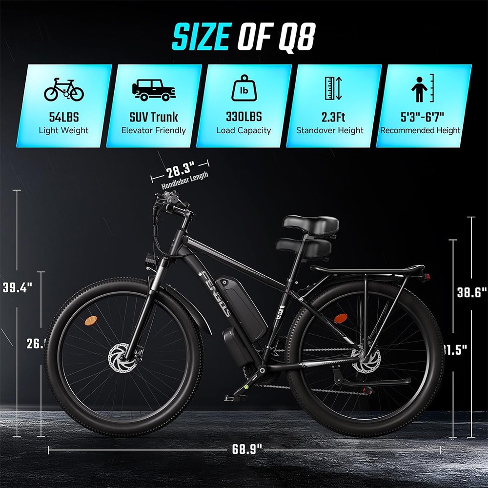 FENGQS Q8 Electric Bike, 750W Brushless Motor, 48V 17.5Ah Removable Battery, 50km/h Top Speed, 85km Max Range, 27.5-inch Fat Tire, Shimano 21-Speed Gear, Mechanical Disc Brakes - Black