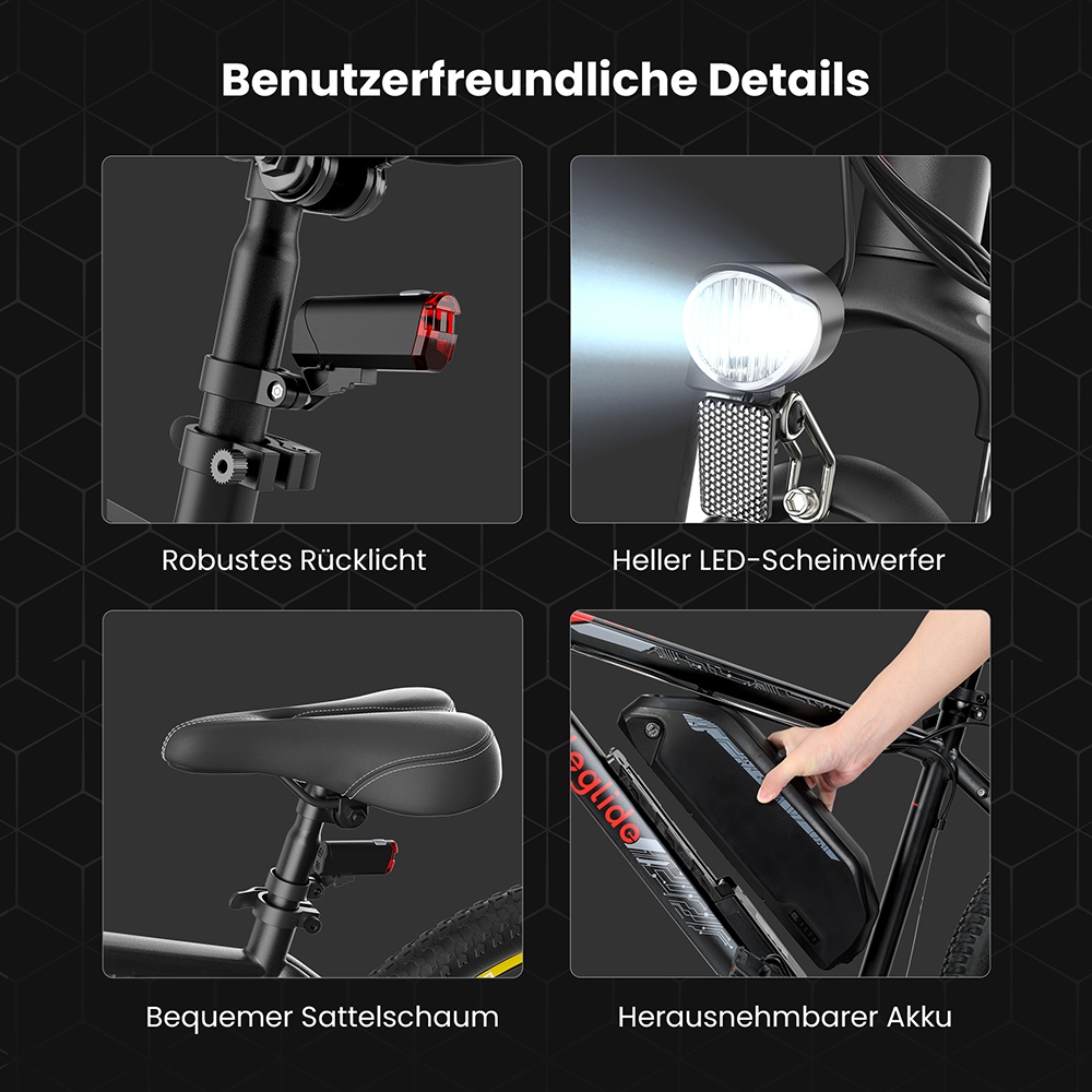 Eleglide Mopride 2 27,5 Zoll Elektro-Moped-Mountainbike, 250-W-Motor, 25 km/h Höchstgeschwindigkeit, 36V 18Ah Akku, bis zu 150 km Reichweite, Shimano 21-Gang-Schaltung, hydraulische Scheibenbremsen, Federgabel – Schwarz