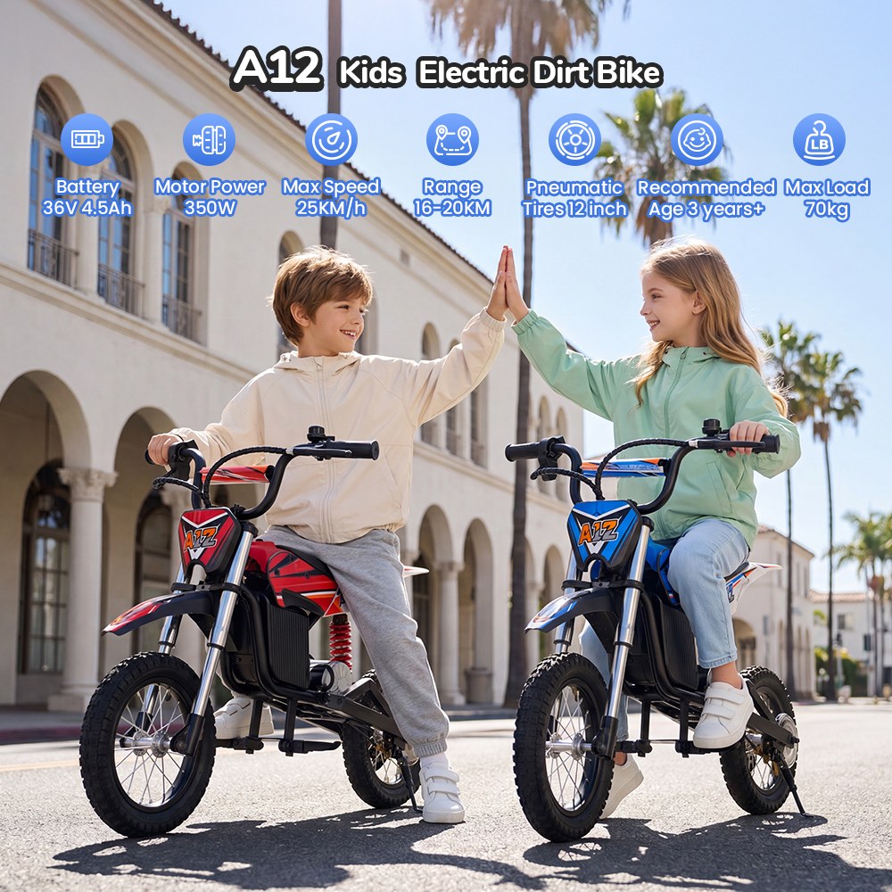 iScooter A12 Moto Tout-Terrain Électrique pour Enfants, Moteur 300W (350W en crête), Batterie 36V 4.5Ah, 25km/h, 20km d’autonomie, Pneu 12", Suspension avant et arrière, Frein à poignée et frein à disque arrière, 3 modes de vitesse - Bleu