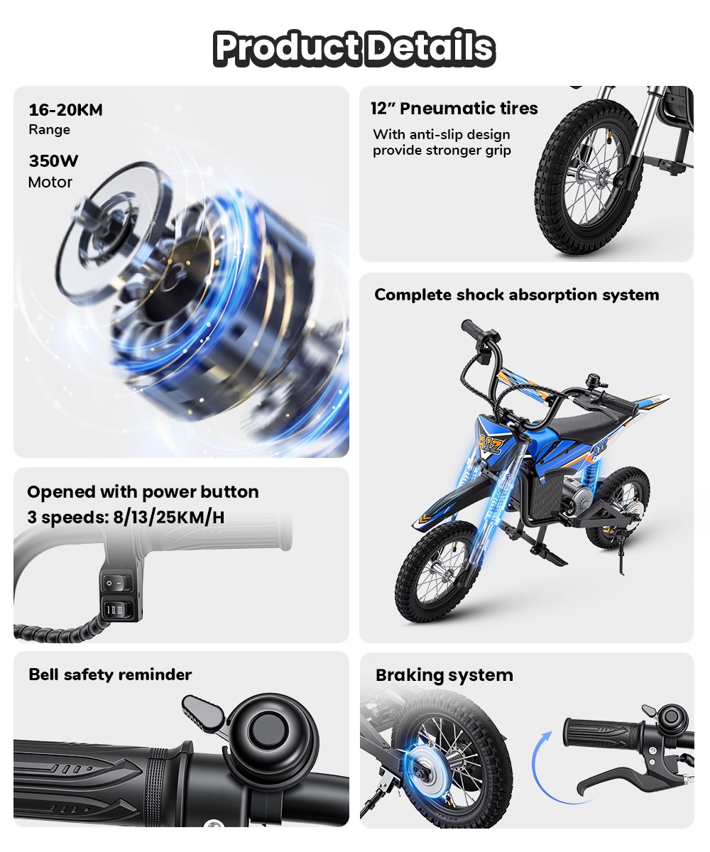 iScooter A12 Moto Tout-Terrain Électrique pour Enfants, Moteur 300W (350W en crête), Batterie 36V 4.5Ah, 25km/h, 20km d’autonomie, Pneu 12", Suspension avant et arrière, Frein à poignée et frein à disque arrière, 3 modes de vitesse - Bleu