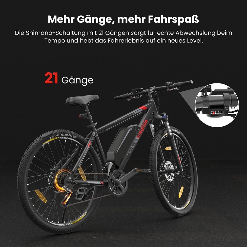 Eleglide Mopride 2 27,5 Zoll Elektro-Moped-Mountainbike, 250-W-Motor, 25 km/h Höchstgeschwindigkeit, 36V 18Ah Akku, bis zu 150 km Reichweite, Shimano 21-Gang-Schaltung, hydraulische Scheibenbremsen, Federgabel – Schwarz