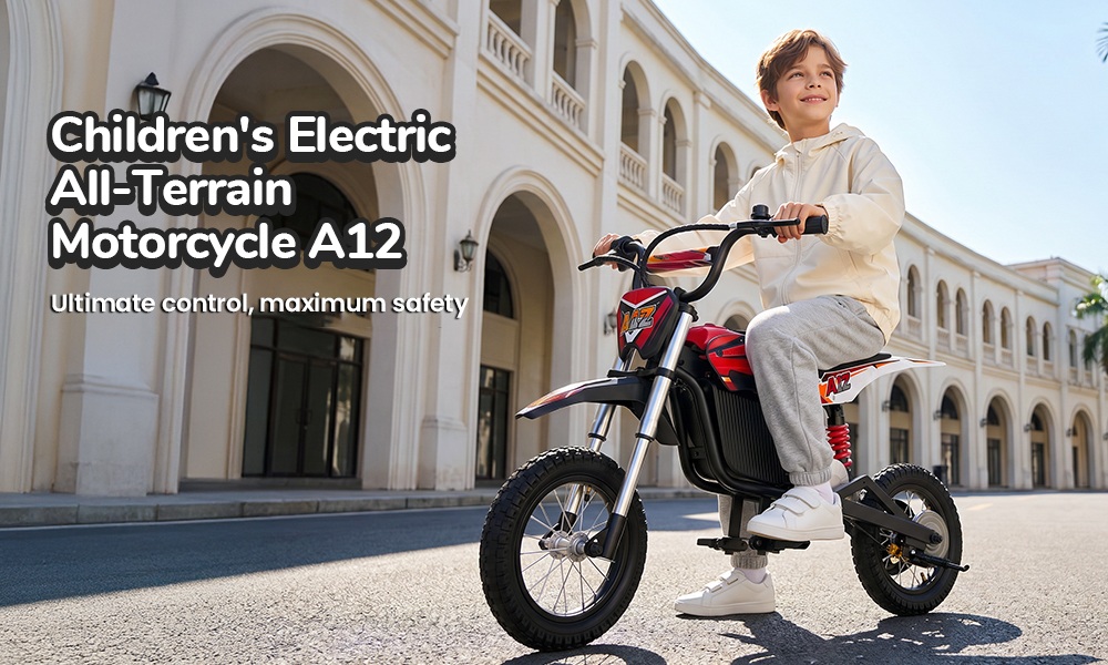 iScooter A12 Kids Electric Dirt Bike, 300W Motor (350W Peak), 36V 4.5Ah Battery, 25km/h Max Speed, 20km Range, 12-Inch Pneumatic Tire, Front & Rear Suspension, Grip Brake & Rear Disc Brake, 3 Speed Modes, 70kg Max Load - Red