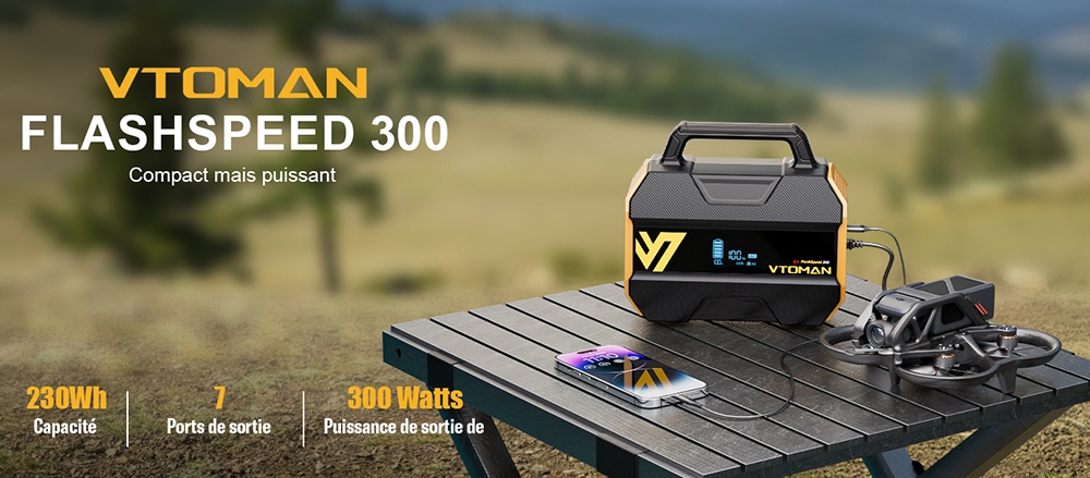 VTOMAN FlashSpeed 300 Station d'alimentation portable, batterie LiFePO4 de 230Wh, sortie AC de 300W, puissance de pointe de 600W, 7 ports, entrée/sortie USB-C de 100W, 3 ports USB-A, sortie DC de 12V/10A, entrée DC de 90W