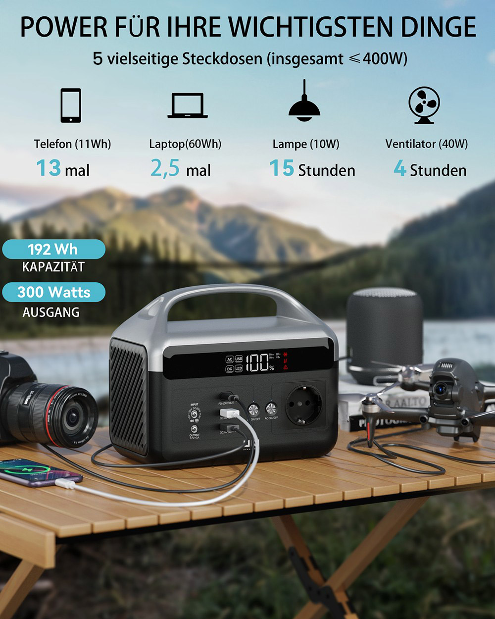 DaranEner NEOZ2 Tragbare Powerstation, 192Wh LiFePO4-Batterie, 300W AC-Ausgang, 600W Spitzenleistung, 60W Solar-Eingang, 60W USB-C PD, 2× USB-A, DC5521-Ausgang, BMS-Schutz, für Camping & Outdoor-Nutzung