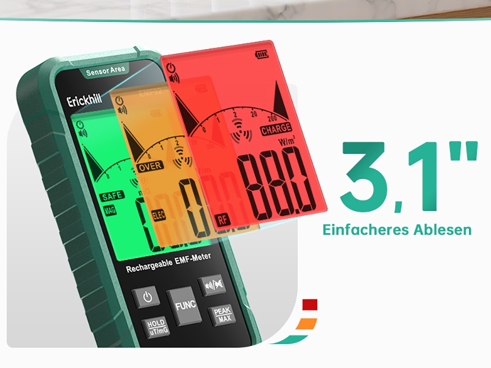 ERICKHILL EMF02 3-in-1 EMF-Messgerät, Elektro- und Magnetfeld- sowie HF-Detektor, 3,1"-Display, 3-Farben-Warnhintergrundbeleuchtung, akustischer Alarm, Datenhaltefunktion, Spitzen-/Maximalwertmessung, wiederaufladbarer Akku