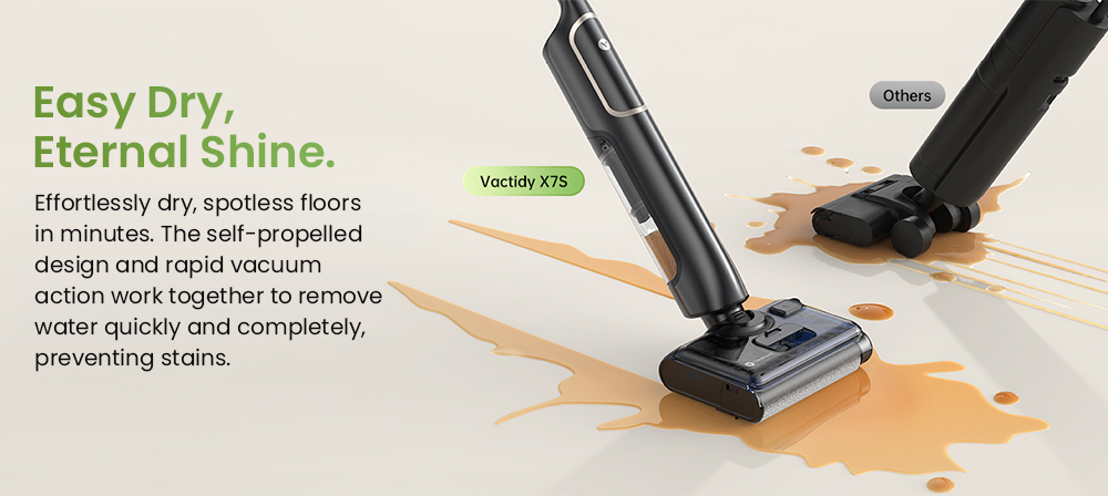 Vactidy X7S Wet & Dry Vacuum Cleaner, 150W Motor, 20kPa Suction, 2600mAh Battery, 40-Min Runtime, 800ml Water Tank, 3 Cleaning Modes, Self-Cleaning System, 180° Flat Reach, Zero-Edge Cleaning
