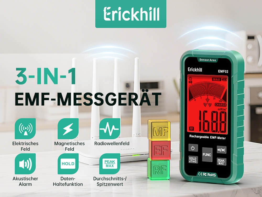 ERICKHILL EMF02 3-in-1 EMF-Messgerät, Elektro- und Magnetfeld- sowie HF-Detektor, 3,1"-Display, 3-Farben-Warnhintergrundbeleuchtung, akustischer Alarm, Datenhaltefunktion, Spitzen-/Maximalwertmessung, wiederaufladbarer Akku
