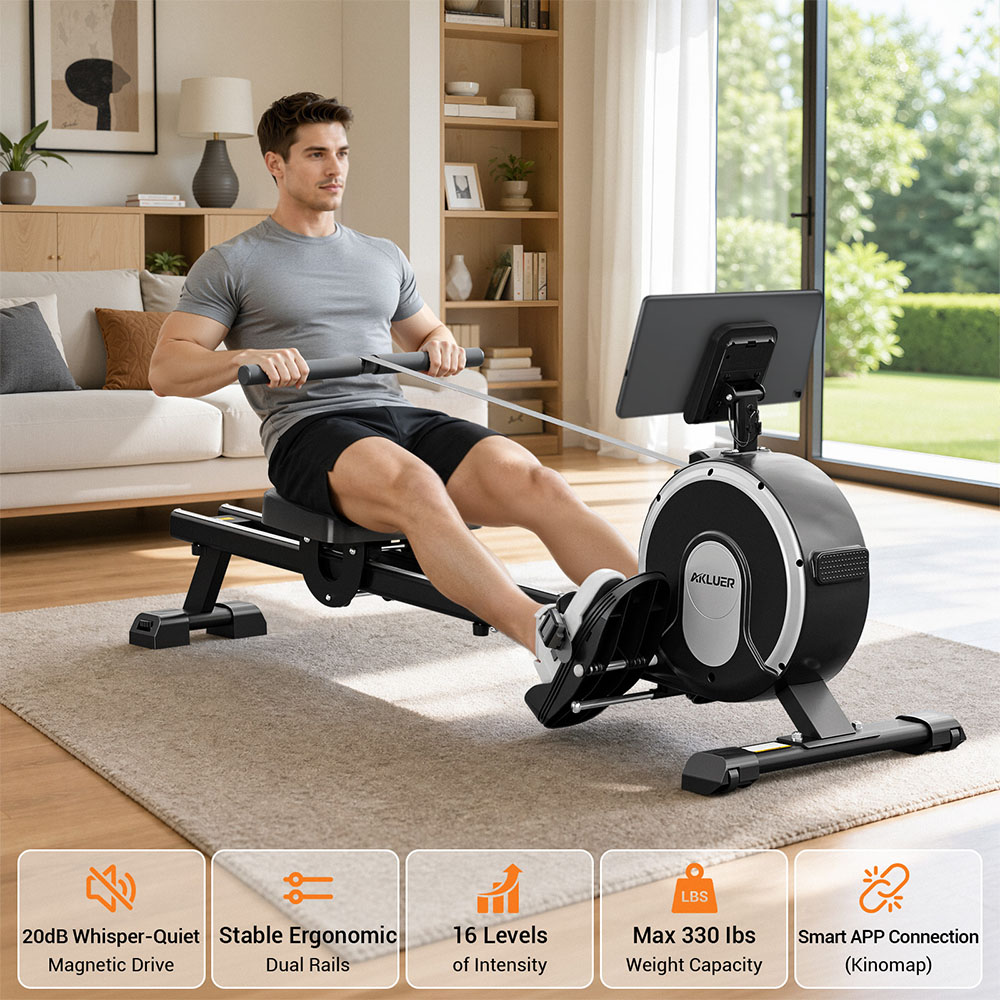 Akluer RM001 mágneses evezőgép, 16 fokozatban állítható ellenállás, 20dB csendes működés, stabil, dupla sínű konstrukció, 150kg maximális terhelés, függőlegesen összecsukható kialakítás, Kinomap alkalmazás támogatás, telefon- és tablettartó