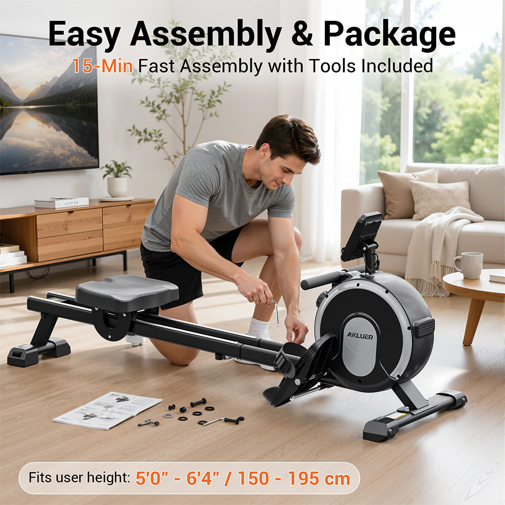 Akluer RM001 mágneses evezőgép, 16 fokozatban állítható ellenállás, 20dB csendes működés, stabil, dupla sínű konstrukció, 150kg maximális terhelés, függőlegesen összecsukható kialakítás, Kinomap alkalmazás támogatás, telefon- és tablettartó