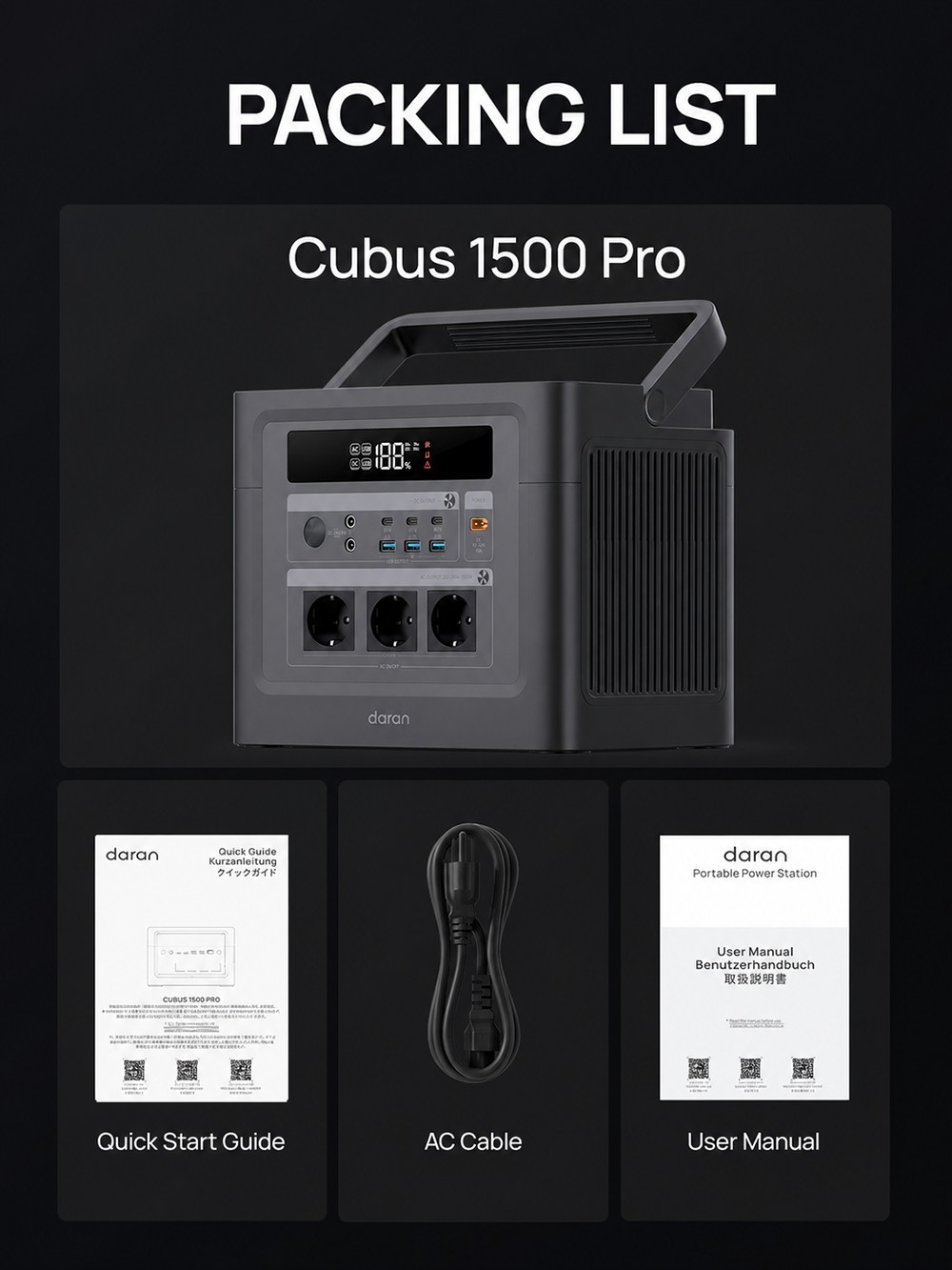DaranEner Cubus 1500 Pro hordozható erőmű, 1152 Wh-s LiFePO4 akkumulátor, 1500 W AC kimenet, 1800 W túlfeszültség, 13 port, 3500+ ciklus, 100 W-os USB-C PD, kempingezéshez, lakókocsihoz és otthoni biztonsági mentéshez