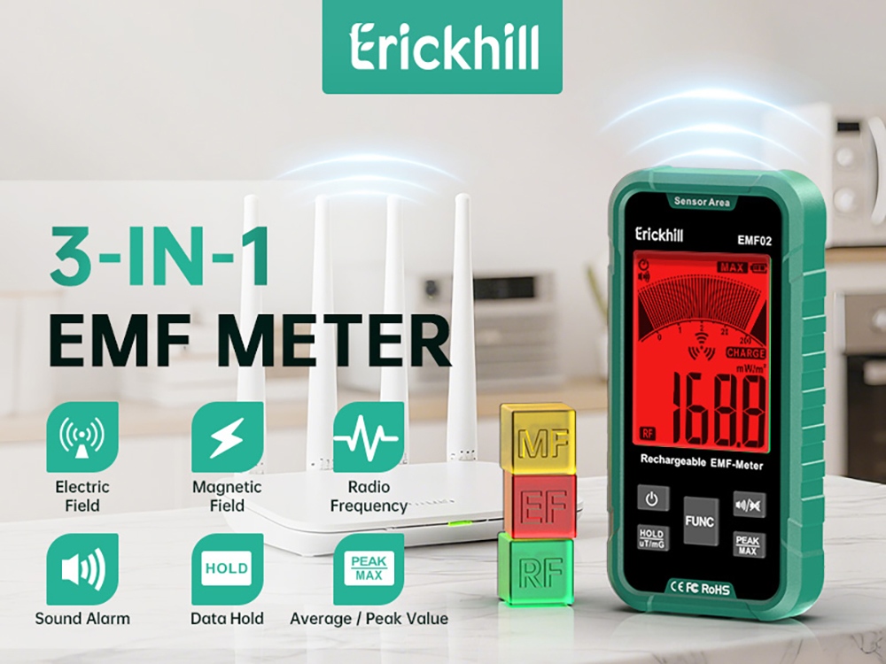 ERICKHILL EMF02 3-in-1 EMF Meter, Electric & Magnetic Field and RF Detector, 3.1" Display, 3-Color Warning Backlight, Audible Alarm, Data Hold, Peak/Max Measurement, Rechargeable Battery