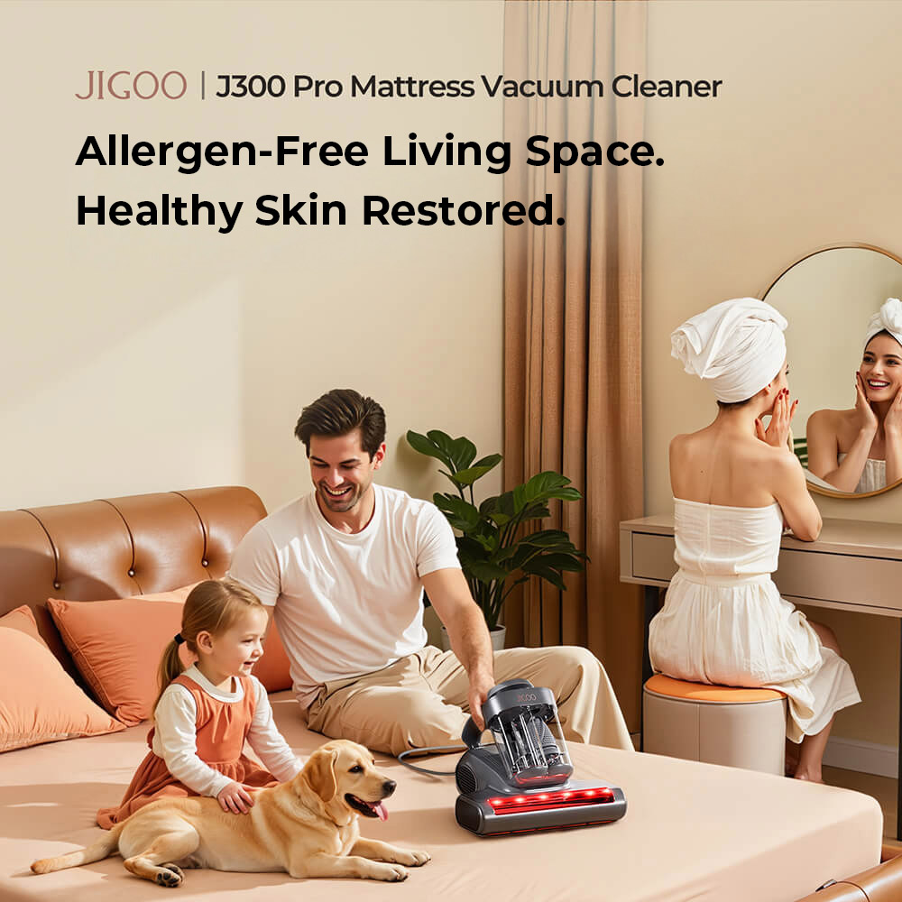 JIGOO J300 Pro Smart Mattress Vacuum Cleaner, 550W Motor, 48,000RPM Tapping Frequency, 14kPa Strong Suction, Dual-Cup Filtration, UV Sterilization, 60°C Hot Air, 0.5L Dust Cup, Dust Mite Detection