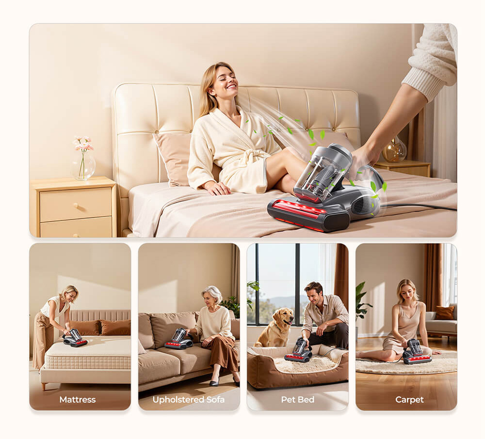 JIGOO J300 Pro Smart Mattress Vacuum Cleaner, 550W Motor, 48,000RPM Tapping Frequency, 14kPa Strong Suction, Dual-Cup Filtration, UV Sterilization, 60°C Hot Air, 0.5L Dust Cup, Dust Mite Detection