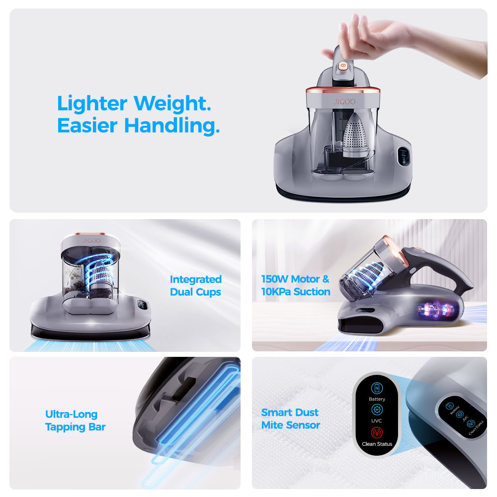 JIGOO S100 Cordless Mattress Vacuum Cleaner, Dual-Cup Filtration, 10000Pa Suction, 150W Brushless Motor, 80,000/min Tapping, UV-C & 55°C Hot Air Sterilisation