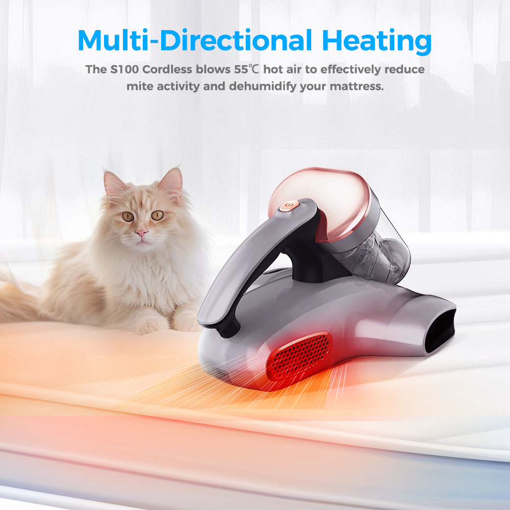 JIGOO S100 Cordless Mattress Vacuum Cleaner, Dual-Cup Filtration, 10000Pa Suction, 150W Brushless Motor, 80,000/min Tapping, UV-C & 55°C Hot Air Sterilisation