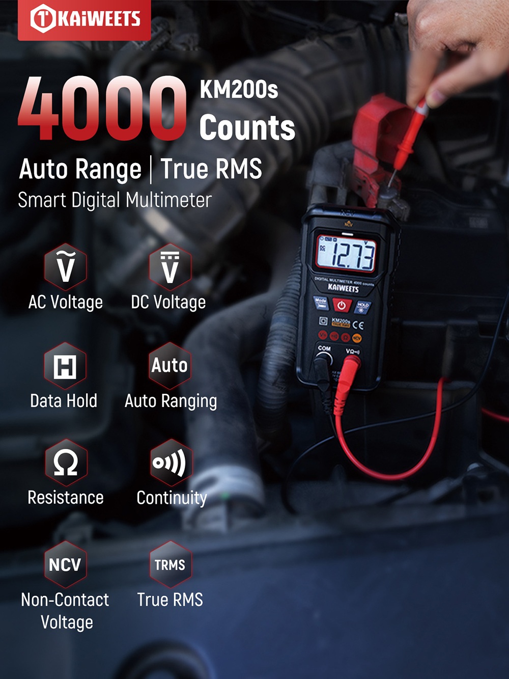 KAIWEETS KM200s Smart Digital Multimeter, 4000 Counts True RMS, 600V AC/DC Voltage, Resistance & Continuity Test, Auto/Manual Ranging, NCV Detection, Backlit LCD, Built-in Flashlight, CAT II 600V
