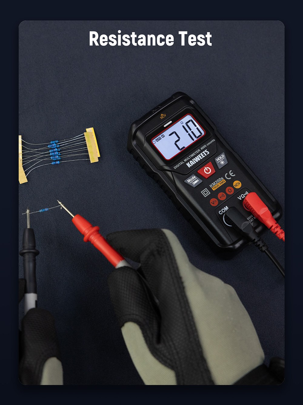 KAIWEETS KM200s Smart Digital Multimeter, 4000 Counts True RMS, 600V AC/DC Voltage, Resistance & Continuity Test, Auto/Manual Ranging, NCV Detection, Backlit LCD, Built-in Flashlight, CAT II 600V