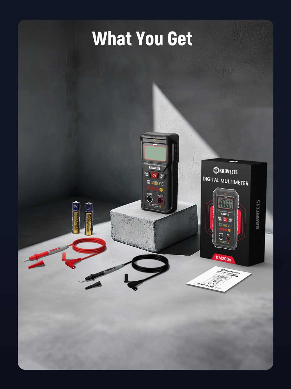 KAIWEETS KM200s Smart Digital Multimeter, 4000 Counts True RMS, 600V AC/DC Voltage, Resistance & Continuity Test, Auto/Manual Ranging, NCV Detection, Backlit LCD, Built-in Flashlight, CAT II 600V